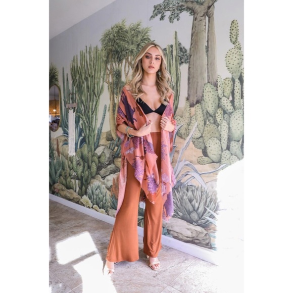 Roseclay Pink Floral Flower Print Motif Kimono Wrap Coverup Open Top Casual - Picture 2 of 3